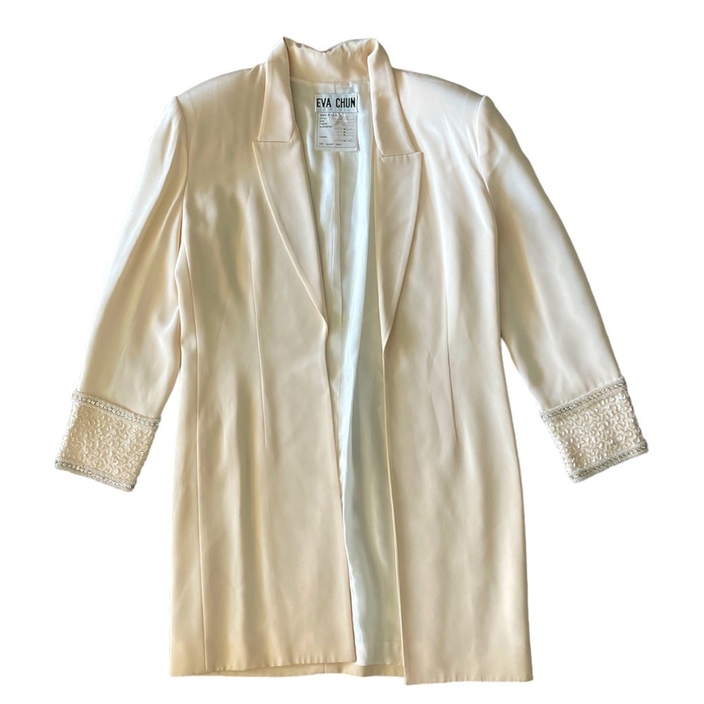 Vintage Silk Beaded Long Blazer Cream Size 8